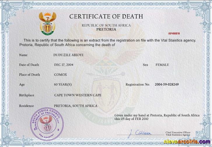 South Africa death certificate